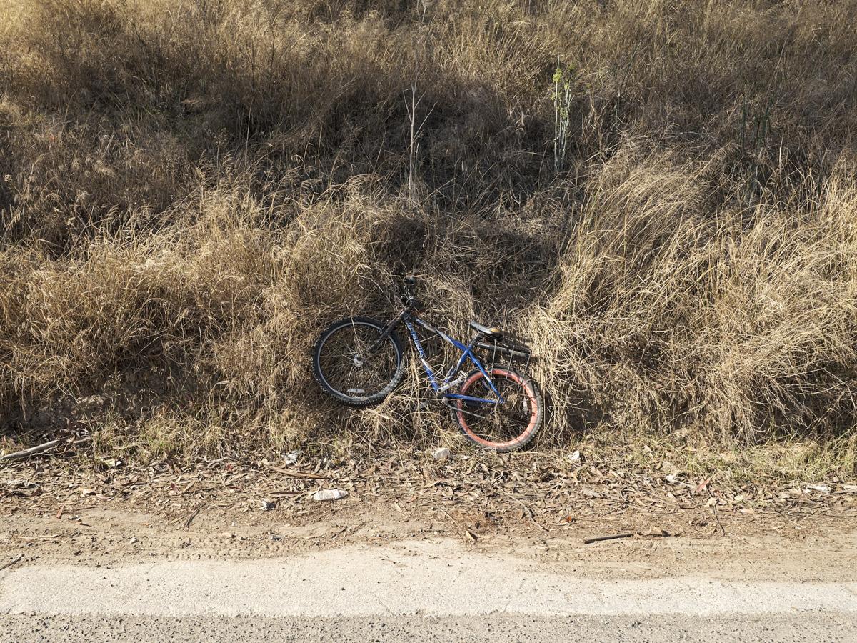 An abandoned bicycle leans against a steep hillside, surrounded by overgrown dry grass.