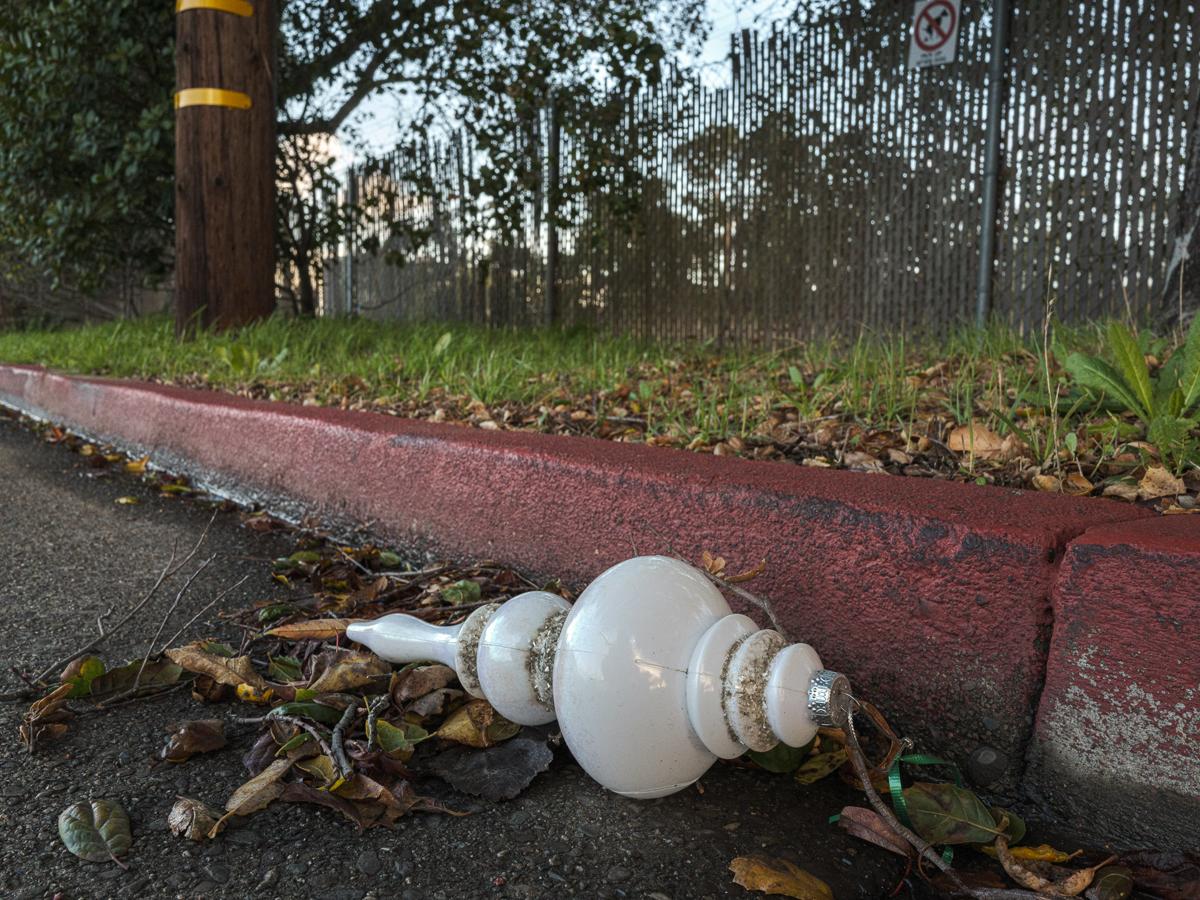 A large white Christmas ornament lies in the gutter along with fallen leaves in front of a red curb and green weeds.