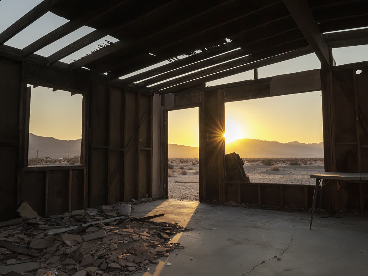Desert sunrise viewed from interior of abandoned cabin.