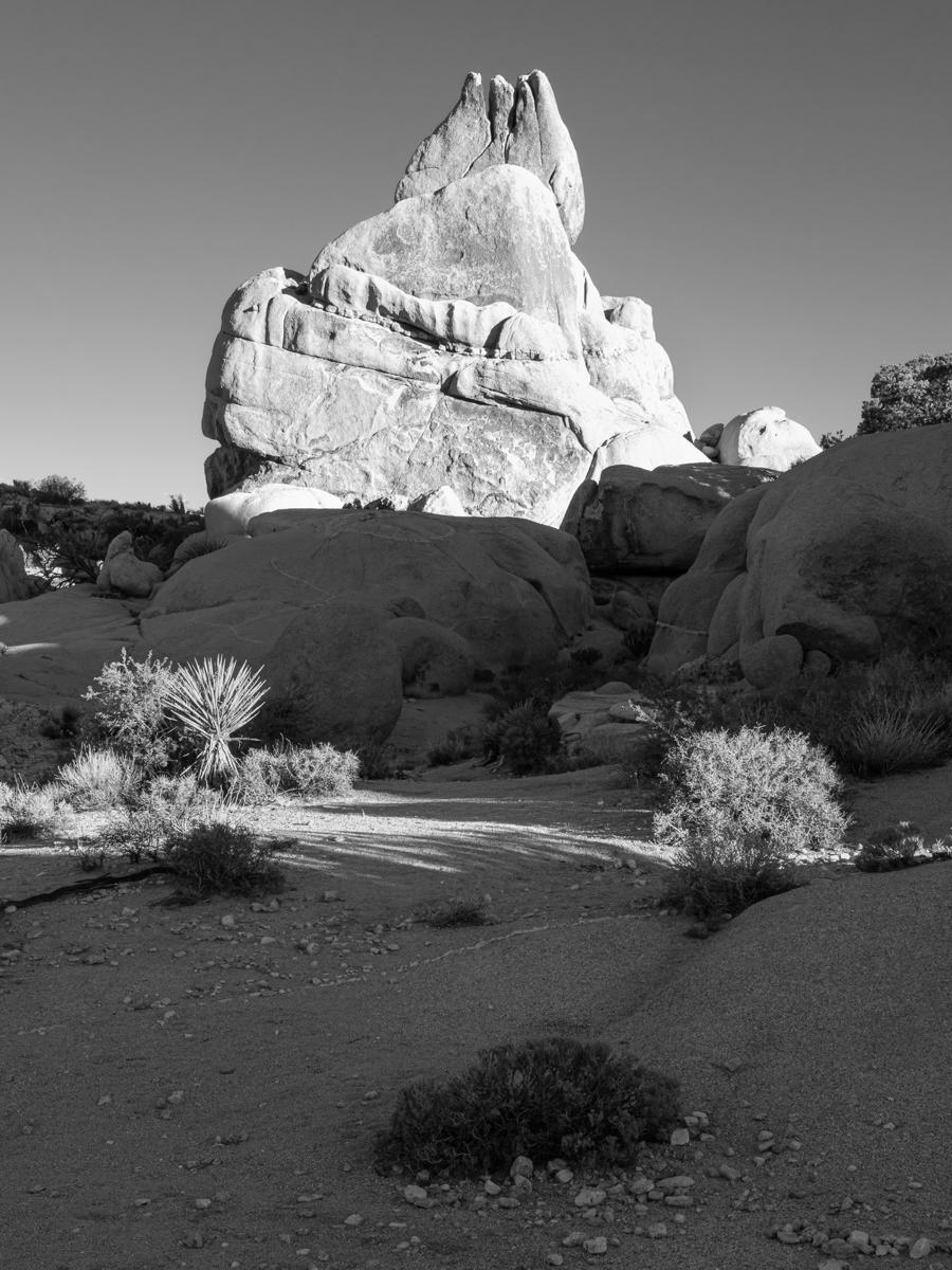 A rock formation with jagged crest and gnarled front is lit by sunrise, behind unlit rocks, with lit and unlit vegetation in foreground.