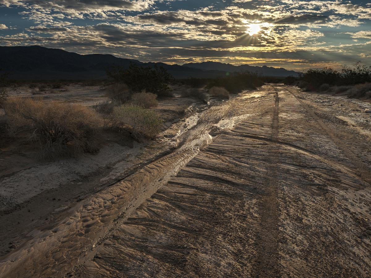 A muddy wash with reflective areas and tire tracks recedes into the distance, with mountains and sunrise in background.