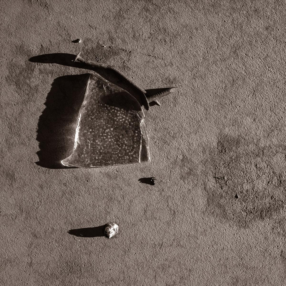 Shards of broken glass and bent nails lying on cracked concrete floor, lit by rising sun.